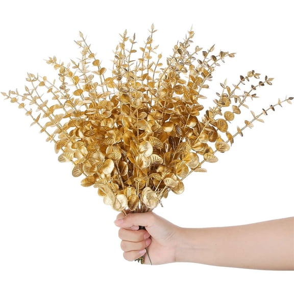 NOGIS 24 Pcs Artificial Eucalyptus Stems Gold,15 inch Artificial Eucalyptus Branches Leaves, Faux Gold Eucalyptus Stems Plant for Wedding Home Bouquet Centerpiece Office Decor