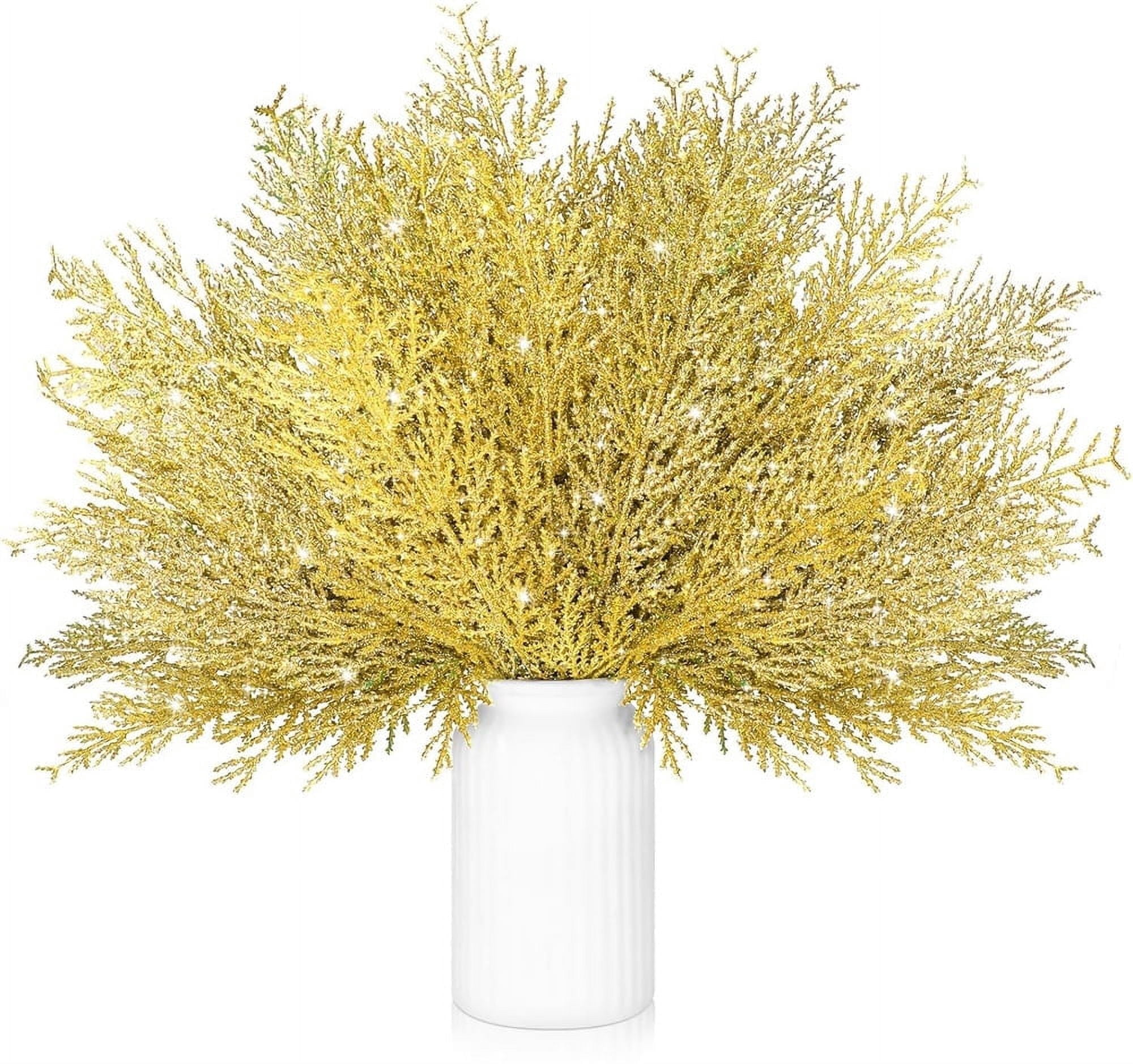 NOGIS 24 Pcs Christmas Gold Artificial Pine Branches- 14" Glitter Fake Foliage Pine Stems Picks- Silver Leaves Artificial Pine Needles for DIY Christmas Wreath Home Decoration
