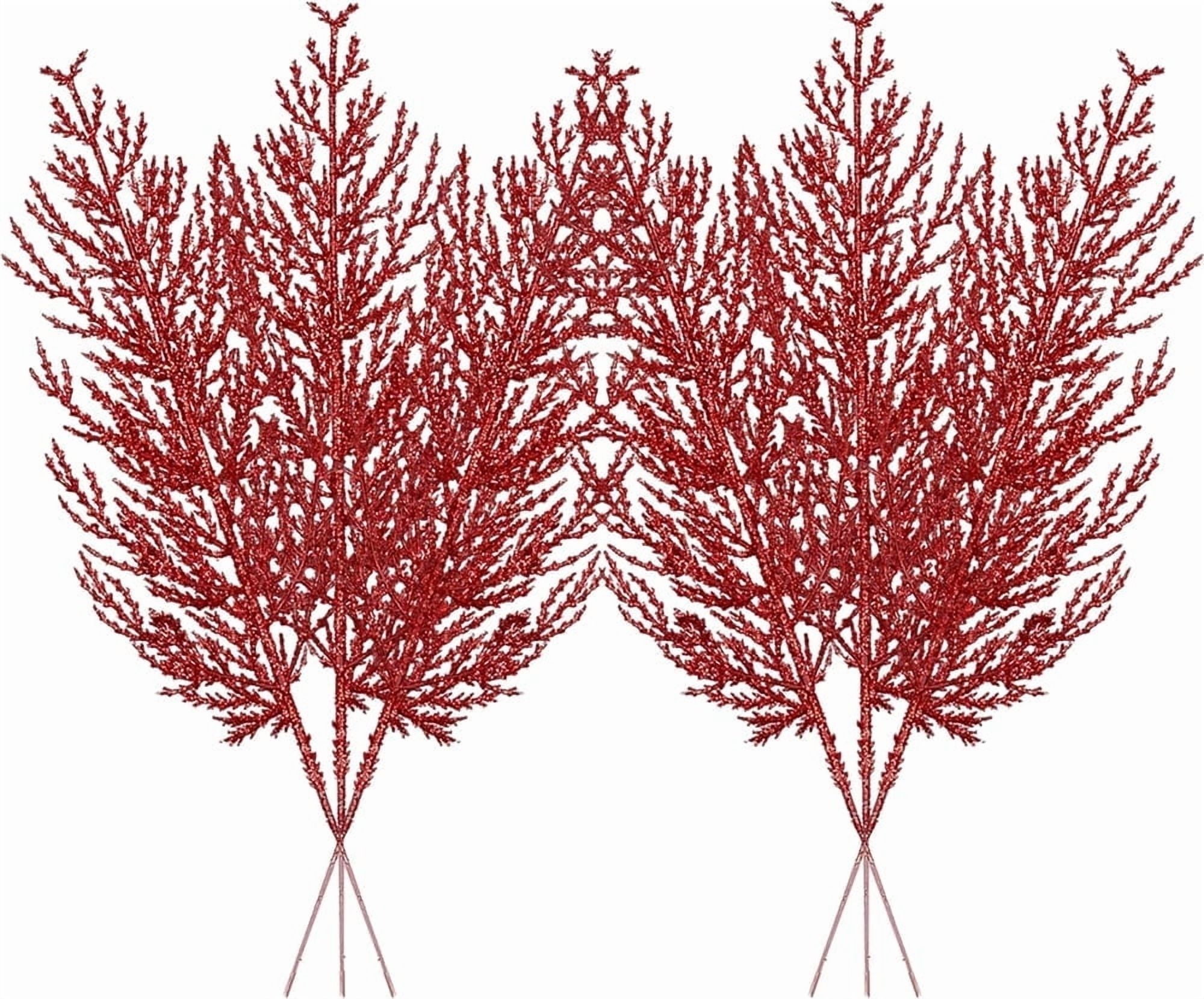 NOGIS 24 Pcs Christmas Large Artificial Pine Needles Glitter Artificial Pine Branches 14'' Artificial Stems Decorative Faux Tree Branches for Xmas Wreath Home Party Decor (Red)