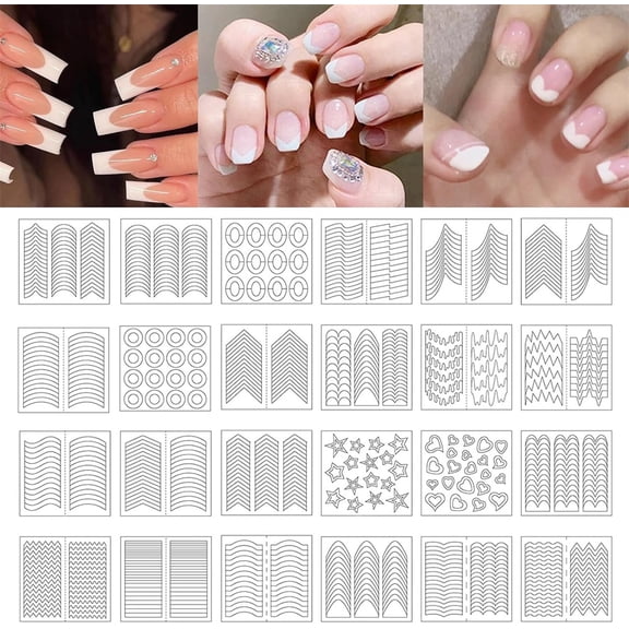 NOGIS 24 Sheets 712 Pieces French Manicure Nail Art Stickers, 32 Designs Self-Adhesive Nail Tips Guides for DIY Decoration Stencil Tools French tip Guides kit (24 Sheets 32 Designs)