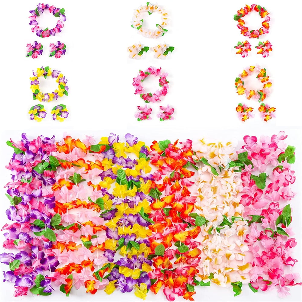 NOGIS 24Pcs Hawaiian Leis Bulk, Tropical Flower Lei Necklace Bracelets and Headbands Tropical Luau Hawaii Silk Flower Lei Theme Party Decor Wreaths Headbands Summer Birthday Party(Random Color)