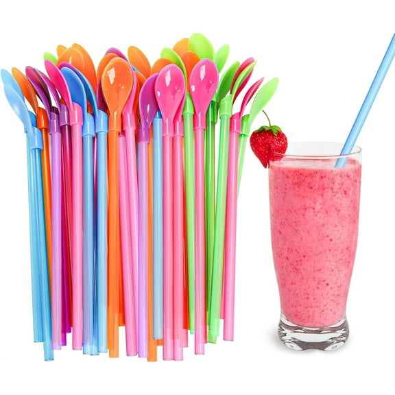 NOGIS 25Pcs Snow Cone Spoon Straw, 9.4 Inch Hard Plastic Detachable Straw,Reusable Long Milkshake Straws for Drinking Snow Cone Ice Cream Coffee, Kitchen Utensil Stirring Spoon, Assorted Colors