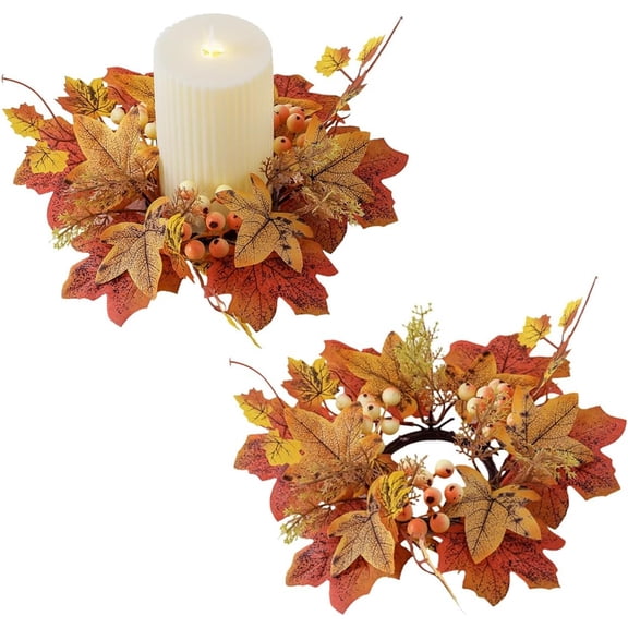 NOGIS 2Pcs Fall Candle Rings Thanksgiving Day Candle Ring Candle Holder with Maple Leaves Wreath Mini Autumn Wreath Artificial Maple Leaves Candle Ring for Fall Home Table Decor Centerpiece