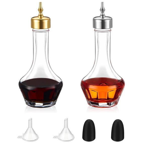 NOGIS 2pcs Bitters Bottle Set, 1.7oz Glass Dasher Bottle, Decorative Professional Bar Tool Accessories for Cocktail Great for Bartender Home Bar Restaurant with Alloy Cap (Gold&Silver)