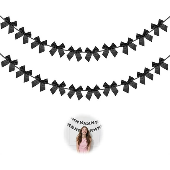 NOGIS 2pcs Black Bow Garland Bow Garland Bows Banner Ribbon Party Decorations for Birthday Party Decor Bridal Shower Wedding Favors Engagement Baby Shower Supplies, 12.5FT