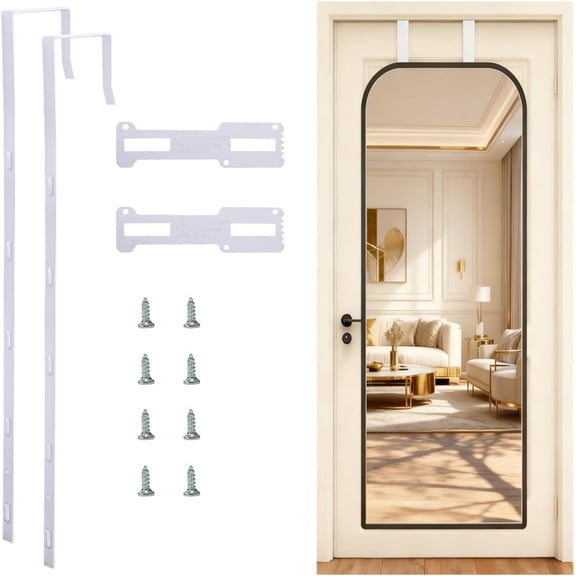 NOGIS 2pcs Over The Door Mirror Hanger Adjustable Over The Door Mirror Hooks Mirrors Hanger Set with Protective Lining, 2 PCS Brackets No Tools Needed White