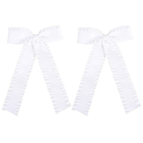 NOGIS 2pcs Satin Tassel Ribbon Hair Bows Alligator Clips White 5.5 inch Big Ruffle Layered Hairbow Barrettes Long Tail for Women Girls Thick Thin Hair Decoration Accessories Present (White)