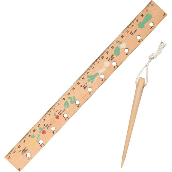 NOGIS 2pcs Wooden Planting Ruler and Seeder Set, Seed Spacing Ruler Seed Planting Ruler with Holes Garden Dibber Spacing Ruler with Vegetable Spacing Advice Gardening Seed Planting Tool