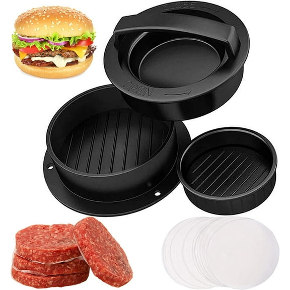 NOGIS 3 in 1 Hamburger Press Patty Maker, Non Stick Handle Round Burger Patty Maker with Different Sizes Slide Burger Beef Meat Molds, Works for BBQ Grilling Shaped Patties With 200 Wax Paper