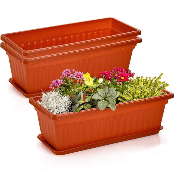 NOGIS 3 PCS 17 Inch Plastic Flower Window Planter Box, Rectangular Flower Pot Planters with Drainage Holes, Vegetables Flower Growing Container Plant Pot, Red