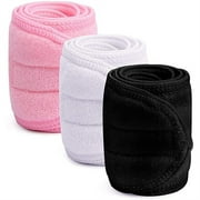 NOGIS 3 PCS Facial Spa Headbands(White, Black, Pink)， Makeup Shower Bath Wrap Sport Headband Terry Cloth Stretch Towel with Tape