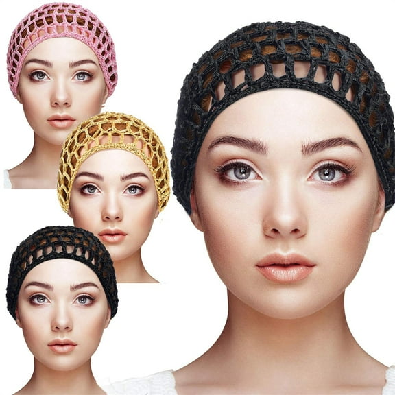 NOGIS 3 PCS Hair Nets Cap Sleeping Hairnet Snoods Wrap Bonnets Long Straight Curl Wig Head Protector Black Mesh Crochet Wave Cook Hats Bun Lift Strap Weaving Sew For Women (Black, Pink, Yellow)