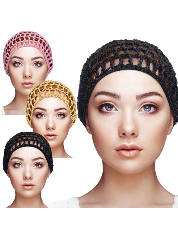 NOGIS 3 PCS Hair Nets Cap Sleeping Hairnet Snoods Wrap Bonnets Long Straight Curl Wig Head Protector Black Mesh Crochet Wave Cook Hats Bun Lift Strap Weaving Sew For Women (Black, Pink, Yellow)