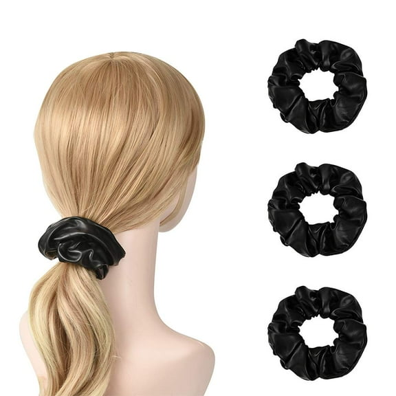 NOGIS 3 Pack Black PU Leather Hair Scrunchies Scrunchy Bobbles Elastic Hair Bands Ties Hair Accessories Wrist Band Show for Women Girls
