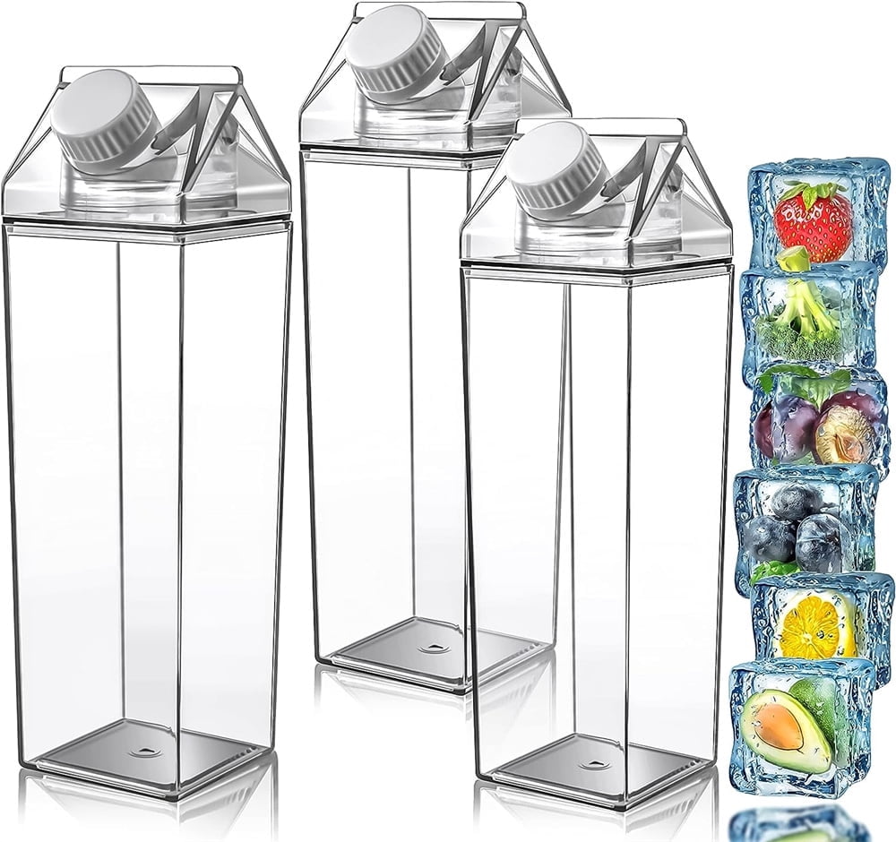 NOGIS 3 Pack Clear Milk Carton Water Bottle, 500ml / 17 oz Plastic Milk Carton Bottles Square Milk Carton Container Portable Transparent Juice Bottle for Outdoor Sports Travel Camping Activities