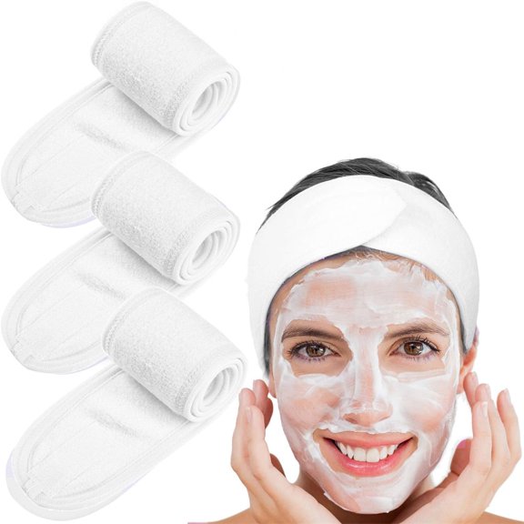 NOGIS 3 Pack Makeup Headband, Ultra Soft Adjustable Spa Facial Headbands Terry Cloth Stretch Make Up Wrap for Face Washing, Shower, Facial Mask, Yoga (White)