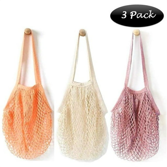 NOGIS 3 Pack Mesh Bags Portable Cotton Mesh String Organic Organizer Shopping Handbag Reusable Washable Long Handle Net Tote
