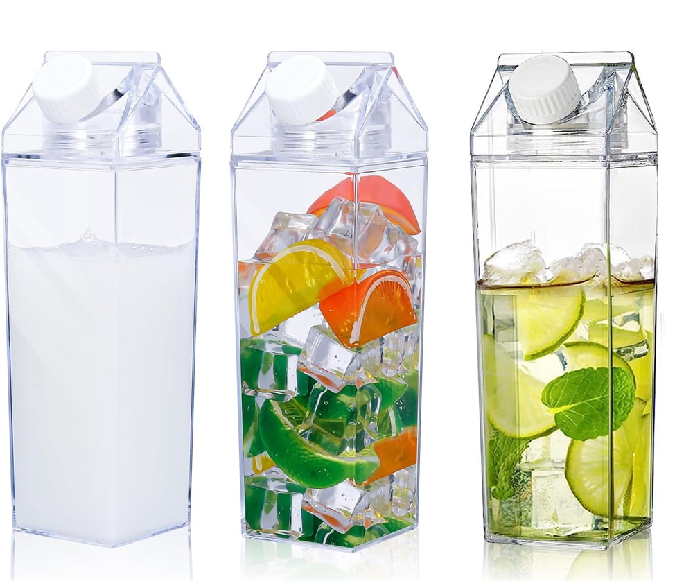 NOGIS 3 Pack Milk Carton Water Bottle, 34 oz Clear Plastic Milk Box Portable Square Juice Bottle for Outdoor Sports Travel Camping-BPA Free Eco-friendly Material