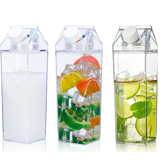 NOGIS 3 Pack Milk Carton Water Bottle, 34 oz Clear Plastic Milk Box Portable Square Juice Bottle for Outdoor Sports Travel Camping-BPA Free Eco-friendly Material