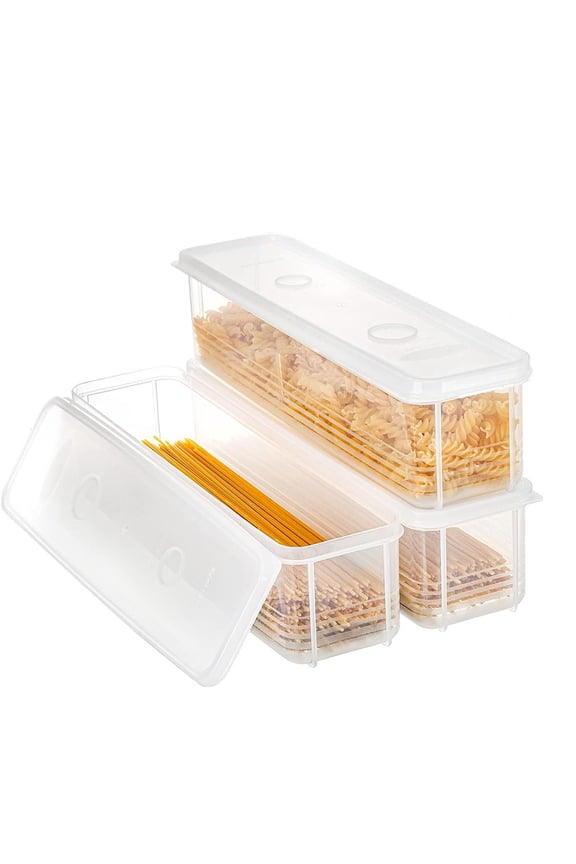 3 Pack Pasta Container Noodle Food Storage Spaghetti Keeper Box with Cover, Seals Well, Keeps Your Cabinets/Pantry/Refrigerator Organized, Clear, Flat and Stackable