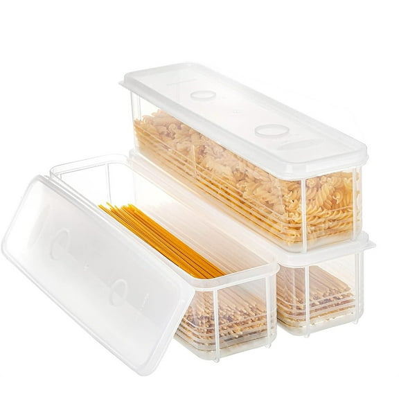 NOGIS 3 Pack Pasta Container Noodle Food Storage Spaghetti Keeper Box with Cover, Seals Well, Keeps Your Cabinets/Pantry/Refrigerator Organized, Clear, Flat and Stackable