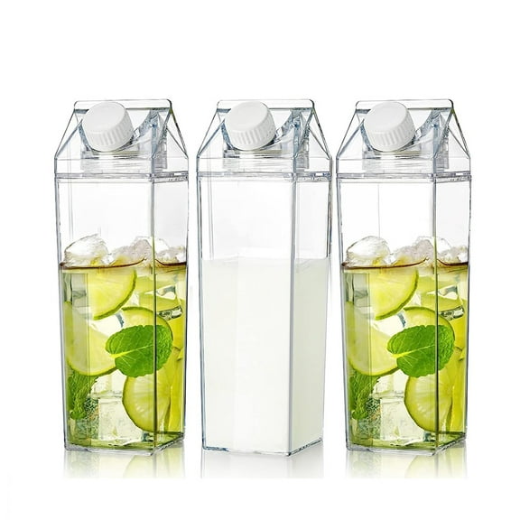 NOGIS 3 Pack Plastic Milk Carton Water Bottle, 17 Oz Plastic Milk Boxes Clear Portable Drinking Cup Square Juice Bottles for Sports, Outdoor, Travel Camping, School Activities