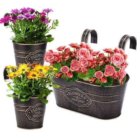 NOGIS 3 Pack Vintage Metal Iron Wall Hanging Flower Pots, Rustic Planter Bucket Herb Flower Plant Holder with Detachable Hooks & Drainage Hole for Railing Fence Balcony Deck Garden（Black）