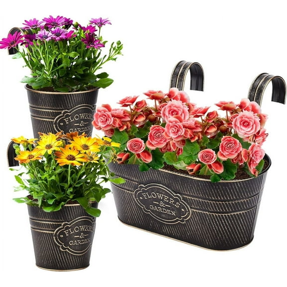 NOGIS 3 Pack Vintage Metal Iron Wall Hanging Flower Pots, Rustic Planter Bucket Herb Flower Plant Holder with Detachable Hooks & Drainage Hole for Railing Fence Balcony Deck Garden(Black)