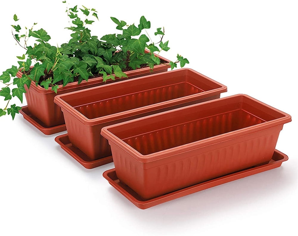 NOGIS 3 Packs 17 Inches Terracotta Color Flower Box Plastic Vegetable Planters for Windowsill, Patio, Garden, Home Décor, Porch