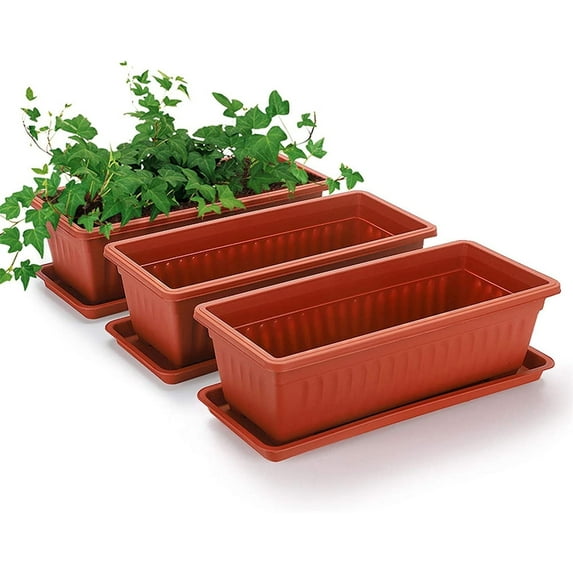 NOGIS 3 Packs 17 Inches Terracotta Color Flower Box Plastic Vegetable Planters for Windowsill, Patio, Garden, Home Décor, Porch