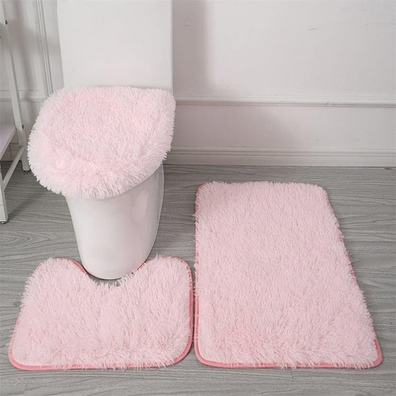 NOGIS 3 Pcs Bath Rugs Set, Bath Rug + Contour Mat + Toilet Seat Cover, Super Soft Microfiber Water Absorbent and Non-Slip Bathroom Rugs with Point Rubber Backing, Machine Washable (Pink)