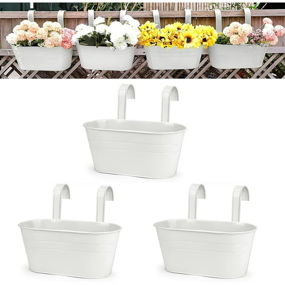 NOGIS 3 Pcs Metal Hanging Flower Plant Pots, Metal Bucket Flower Pots, Fence Bucket, Hanging Flower Pot for Indoor and Outdoor, Storage Bucket in Kitchen or Bathroom, Detachable Hook(White)