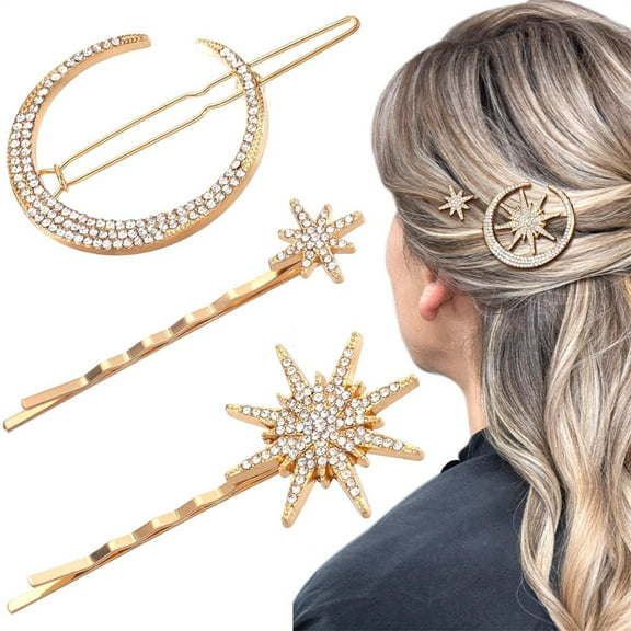 NOGIS 3 Pcs Stars and Moon Hair Clips Metal Alloy Rhinestone Decorative Pins Retro Stars and Moon Shape Bride Wedding Hair Side Barrettes Hair Accessories for Women and Girls
