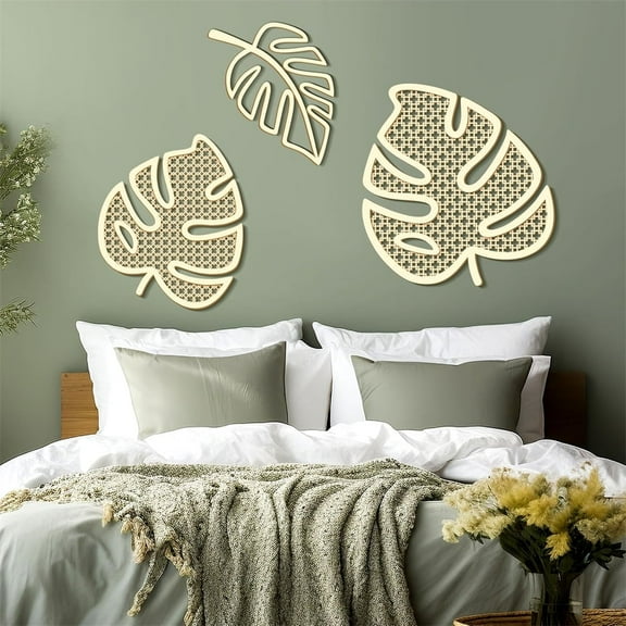 NOGIS 3 Pcs Wooden Rattan Palm Tree Wall Decor Monstera Leaf Wooden Boho Art Tropical Plant Rattan Wall Decor for Home Bathroom (Style A)