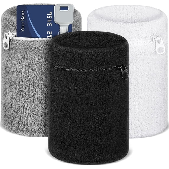 NOGIS 3 Pcs Wrist Wallet Zipper Wrist Pouch Wallet Wristband Pocket Wrist for Women Men Running Walking Hiking Jogging Sports Sweatband Key Card Coin Storage (White, Gray, Black)