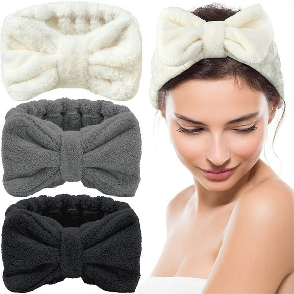 NOGIS 3 Pieces Hair Headband Headband to Wash Face for Women Makeup Spa Headband, Microfiber Bowtie Shower Headband for Women and Girls (White, Light Gray, Black)