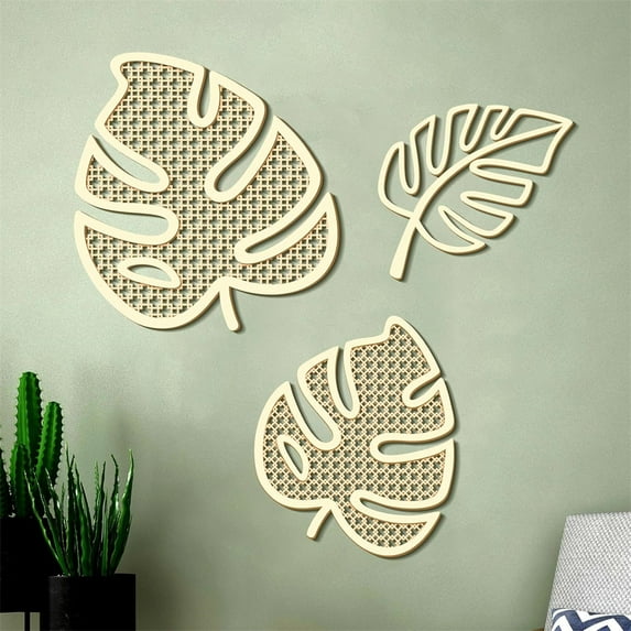 NOGIS 3 Pieces Wooden Monstera Leaf Wall Decor Boho Art Palm Tree Decoration Rattan Decor Tropical Wall Art Boho Bathroom Wall Decoration Plant Art Wood Wall Decor (Style A)