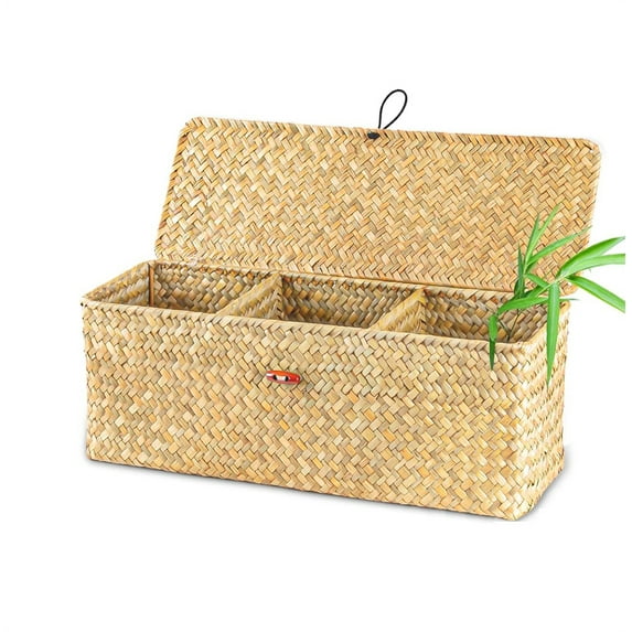 NOGIS 3 Section Seagrass Baskets with Lid, Rectangular Hand Woven Wicker Bin Storage Box for Shelves Organizing, Rustic Home Storage Organizer Container (Light Orange,12.6 x 4.72 x 4.33 Inches)