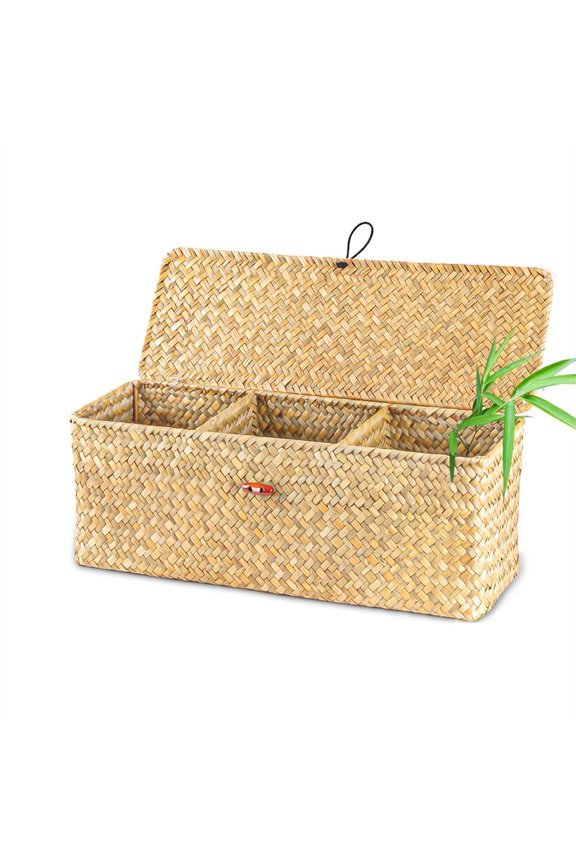 3 Section Seagrass Baskets with Lid, Rectangular Hand Woven Wicker Bin Storage Box for Shelves Organizing, Rustic Home Storage Organizer Container (Light Orange,12.6 x 4.72 x 4.33 Inches)