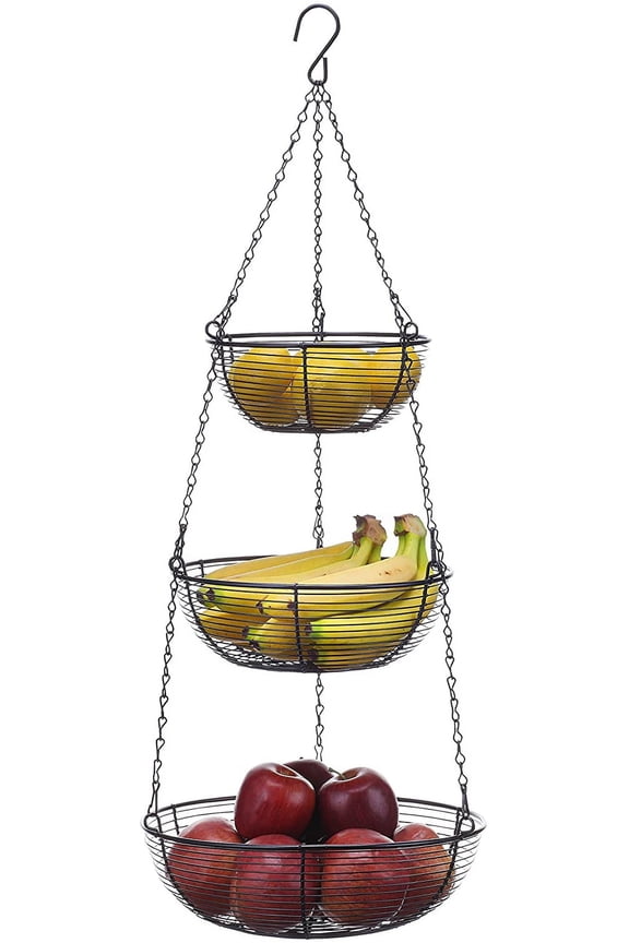 3 Tier Hanging Fruit Bowl - Farmhouse Wire Basket, Three Tier Fruit Basket for Kitchen for Vegetables, Bread & More | Metal Chain, Hanging Hook and Detachable Round Wire Baskets