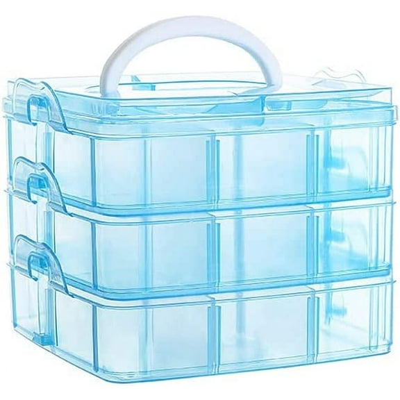 NOGIS 3-Tier Stackable Storage Container Box with 18 Compartments, Plastic Organizer Box for Arts and Crafts, Toy, Fuse Beads, Washi Tapes, 5.9X5.9X5.1inch,Blue