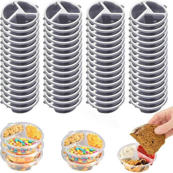 NOGIS 30 Pcs 3 Compartment Condiment Containers with Lids Disposable Sauce Cups 5 oz Small Plastic Snack Containers Portion Cups for Salsa Dips Dressing
