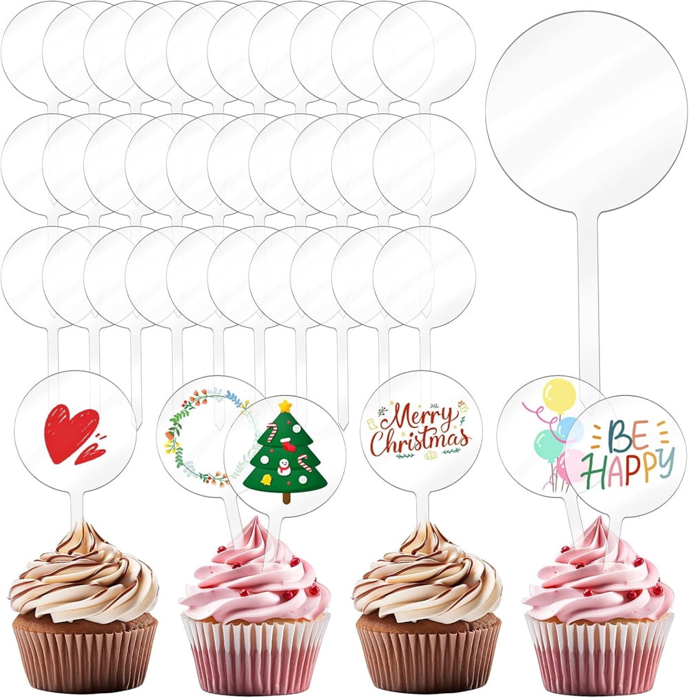 NOGIS 30 Pieces 2 Inch Round Acrylic Cupcake Toppers Blank Clear Mini ...