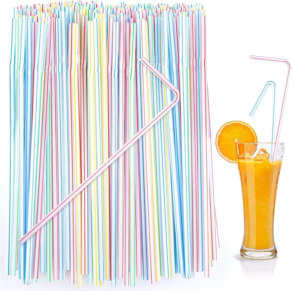 NOGIS 300PCS Plastic Drinking straws, Striped Drinking Straws Flexible