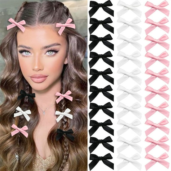NOGIS 30PCS Bow Hair Clips 3 Colors Mini Hair Bows Hair Ribbon Clips Black Pink Satin Bow Hair Accessories for Women Girls (Black,White,Pink)