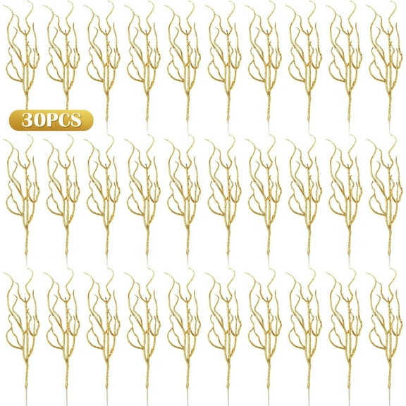 NOGIS 30pcs Glitter Curly Christmas Spray Artificial Twigs Branches Christmas Leaves Picks Stems Christmas Tree Ornaments Vase Filler for Xmas Party Gold