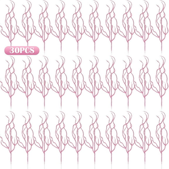 NOGIS 30pcs Glitter Curly Christmas Spray Artificial Twigs Branches Christmas Leaves Picks Stems Christmas Tree Ornaments Vase Filler for Xmas Party Pink