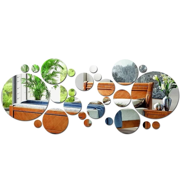 NOGIS 32 Pieces Mirror Wall Stickers, DIY Wall Decals Acrylic Mirror Sticker Removable Acrylic Setting Adhesive Round Circle Mirror Tiles Decals for Home Living Room Bedroom Decor