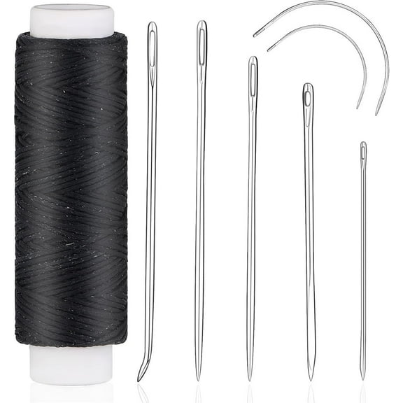 NOGIS 32 Yards Waxed Thread with Leather Hand Sewing Needles, Flat Sewing Waxed Thread and Leather Repair Needles for Home Upholstery Rug Leather Canvas Repair and Sewing (Black)