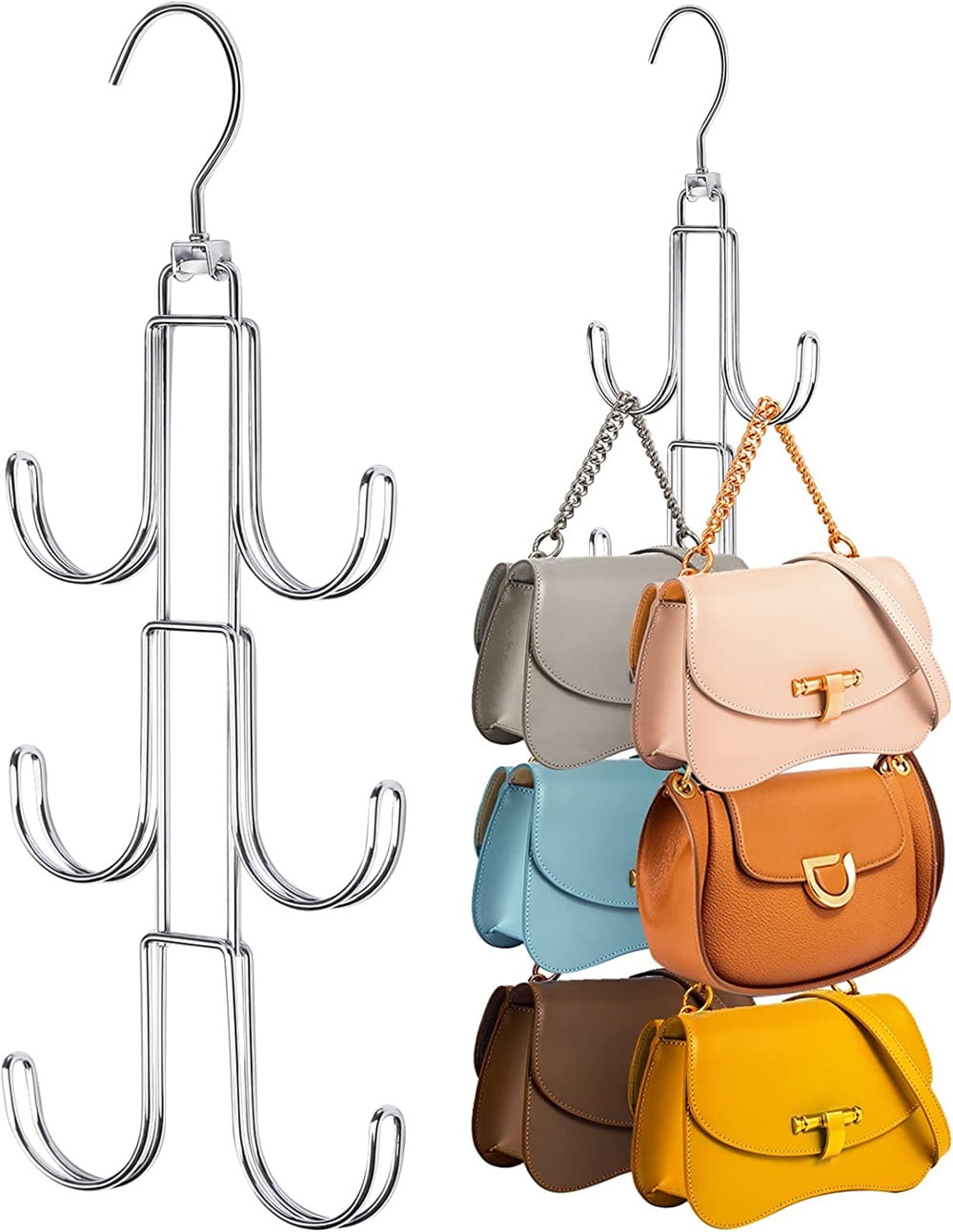 NOGIS 360 Rotating Purse Hangers 2 Pack Purse Organizer for Closet Silver Metal Bag Holder Storage Hooks Portable Purse Racks for Hanging Purses